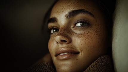 Wall Mural - Close-up of smiling young caucasian female with freckles and green eyes