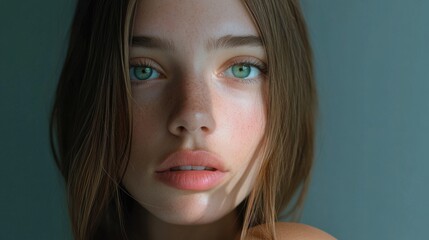 Wall Mural - Young caucasian female with green eyes and freckles staring intently at the camera