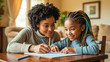 © tanya78 - African American mother helping daughter do homework at desk at home, happy
