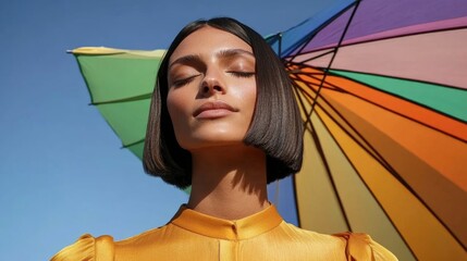 Wall Mural - Young caucasian female enjoying sunlight under colorful umbrella against blue sky