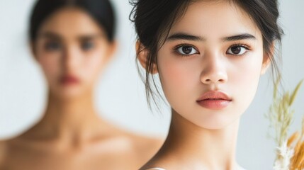 Wall Mural - Close-up portrait of young asian female with natural makeup and soft light