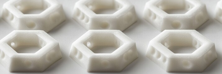Poster - Hexagonal white plastic components arranged neatly on a flat surface for manufacturing purposes. Generative AI