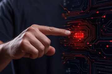 Wall Mural - person interacts with glowing red digital circuit board, symbolizing technology and innovation. imag
