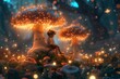 © S photographer - A magical forest scene with glowing mushrooms and a child in wonder.