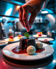 Expert chef garnishes decadent dessert in a vibrant kitchen setting, showcasing culinary artistry and attention to detail