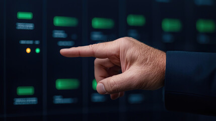 Wall Mural - hand pointing at high tech dashboard displaying real time analytics with glowing indicators. image c