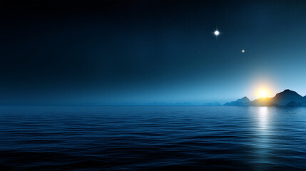 Wall Mural - beautiful blue ocean with a sun rising in the distance. minimalistic background.