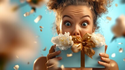 Canvas Print - Woman surprised by a gift, confetti falling around her.