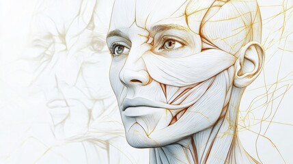 Poster - Detailed anatomical illustration of facial muscles and contours showcasing human anatomy in an artistic style. Generative AI