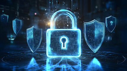 A digital padlock surrounded by glowing holographic shields and abstract encryption icons in a cyber theme