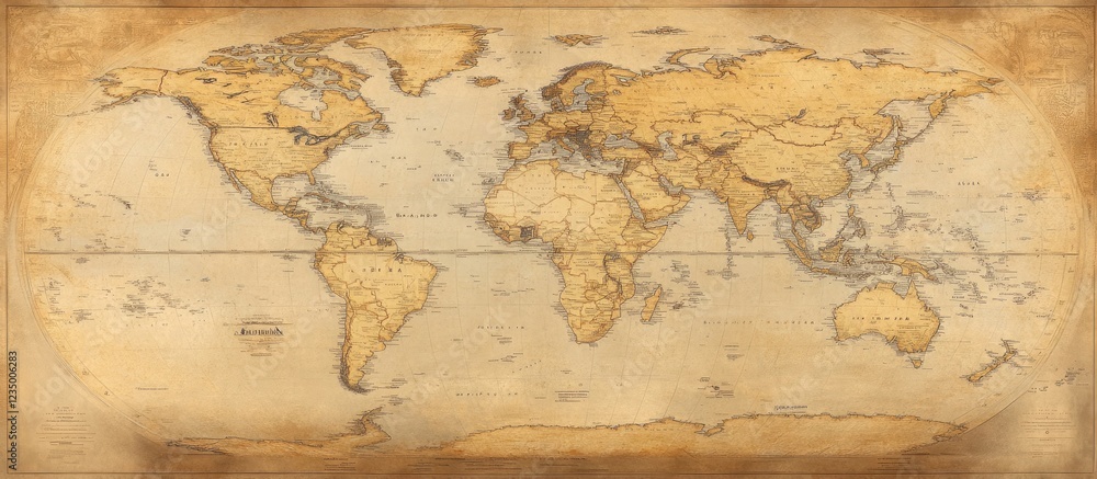 A vintage world map background with an aged texture and sepia tones ...