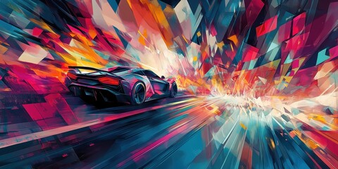 Wall Mural - Abstract Art Depicts Fast Sports Car Speeding Through Vibrant Tunnel