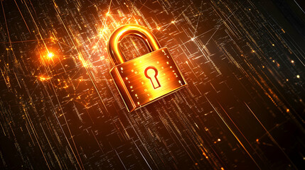 a glowing padlock embedded in a metallic network design with sharp light effects and encrypted binar