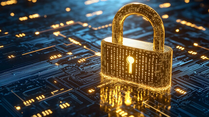 a golden padlock integrated into a sleek high-tech design with glowing circuits and encrypted binary