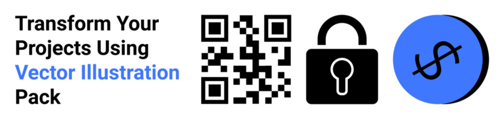 QR code beside padlock and dollar sign, representing cybersecurity, online payments, and digital finance. Ideal for fintech, e-commerce, secure transactions, data protection, technology solutions