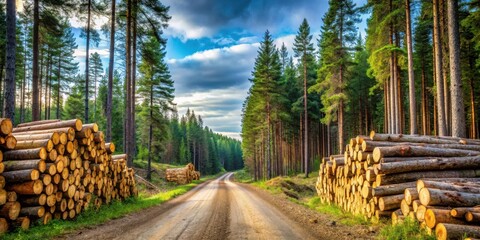 Wall Mural - A winding dirt road through a dense forest, lined with towering trees, with piles of stacked logs at the edges of the road, showcasing the beauty and resourcefulness of nature.