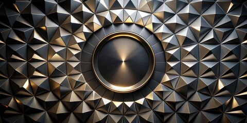 Wall Mural - A circular gold rim encircles a black metal disk, nestled within a geometric pattern of interlocking metallic triangles.