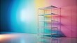 © kavalin - A steel shelving unit stands alone in an empty room with a colorful gradient wall behind it.