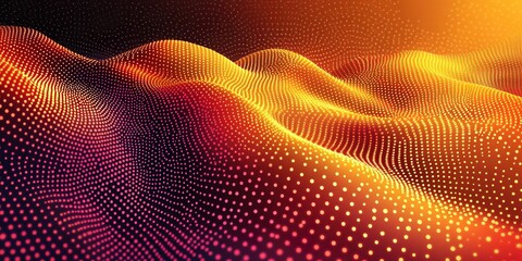 Wall Mural - abstract wave pattern created with neon colored dots on a dark background resembling a digital lands