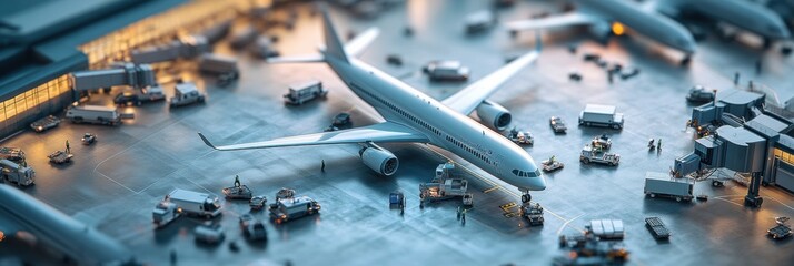 Fototapete - Busy airport terminal with parked airplanes, workers and service vehicles during the day highlighting flight operations efficiency. Generative AI