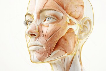 Poster - Detailed anatomical illustration of facial muscles showcasing structure and contours of the human face. Generative AI