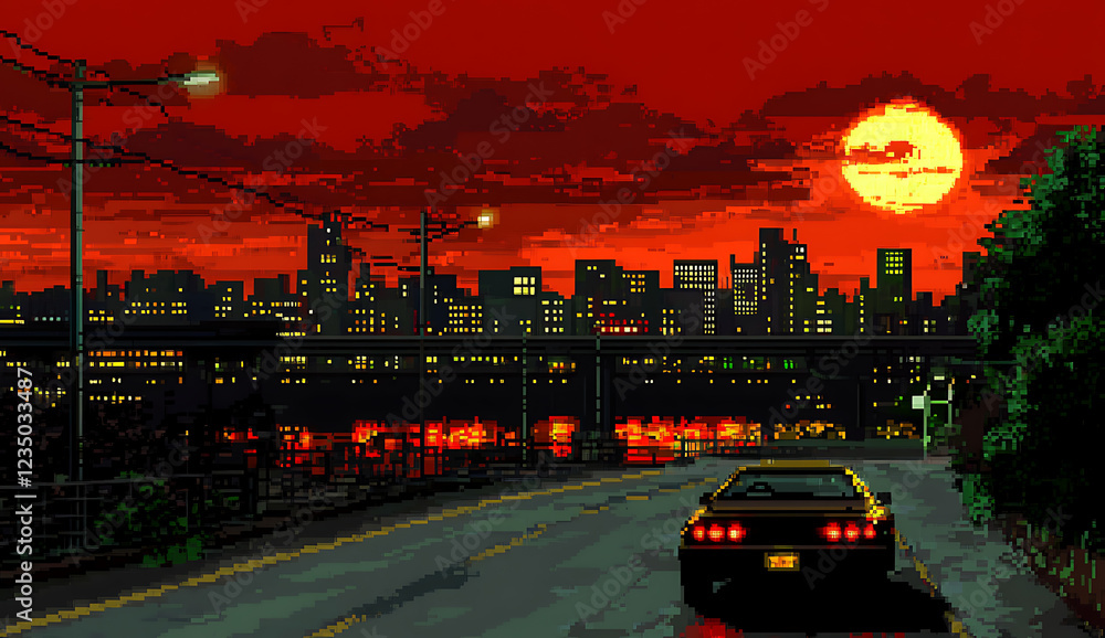8-bit pixel art city skyline at dusk with red sky, neon lights, cars ...