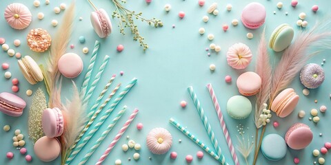 Wall Mural - A pastel blue background decorated with delicate pink macarons, striped straws, and white and pink beads for a delightful party design.