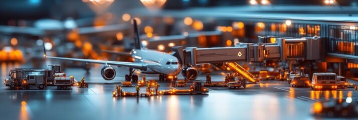 Fototapete - Busy airport terminal bustling with parked airplanes and service vehicles during evening operations. Generative AI