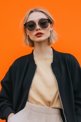 Wall Mural - A woman wearing sunglasses and a black jacket stands in front of an orange wall. She has a red lip and a tan shirt