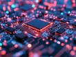 © Sergey - A cinematic 8k close-up of a CPU on a circuit board, illuminated with vibrant red and blue lights, showcasing detailed electronic components.