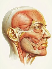 Poster - Detailed anatomical illustration of facial muscles showcasing contours and structures in a side profile view. Generative AI