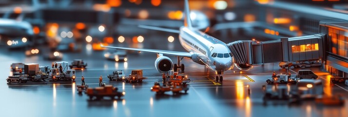 Fototapete - Busy airport terminal scene showcasing extensive ground activity and multiple parked airplanes in evening light. Generative AI