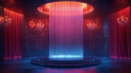 Wall Mural - neon waterfall stage, red curtains, nightclub, event