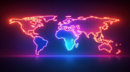 Wall Mural - glowing neon world map, global connection, dark background, digital art, website banner