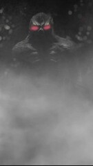 Wall Mural - vertical alien with glowing red eyes in fog 4k loop features a dark alien like creature with red eye
