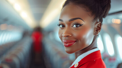 African American flight attendant smiling in airplane aisle, wearing red uniform.