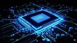 © SerPhoto - Bright blue microchip surrounded by intricate circuitry on a dark background showcasing modern technology