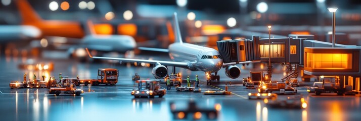 Aufkleber - Busy airport terminal bustling with workers and service vehicles in dynamic activity around parked airplanes. Generative AI