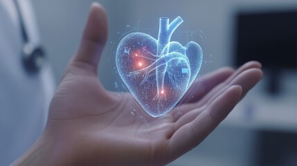 A pixelated tech heart on the hand of an online doctor representing digital telemedicine and the modern technology of cardiology in a holographic format