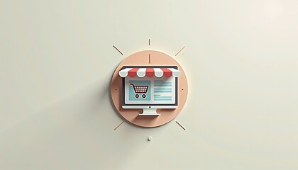 Minimalist tech concept featuring flat icon of online store layout with shopping cart and categories on neutral background