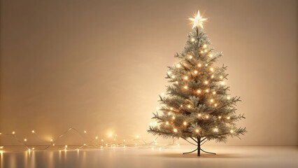 Wall Mural - A single glowing Christmas tree with twinkling lights and a star on top against a warm beige background.