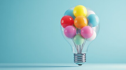 Wall Mural - A light bulb filled with colorful balloons instead of filaments, Innovation scene, Playful style