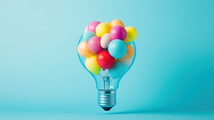Wall Mural - A light bulb filled with colorful balloons instead of filaments, Innovation scene, Playful style
