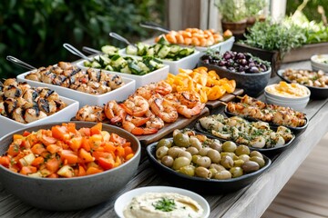 Poster - Catering buffet with grilled shrimps, fish, vegetables, and olives displayed on table