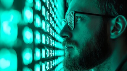 Man Studying Data Screen at Night Teal Light