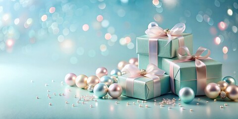 Wall Mural - Elegant Gift Boxes with Delicate Pink Bows Surrounded by Shimmering Christmas Ornaments on a Light Blue Background