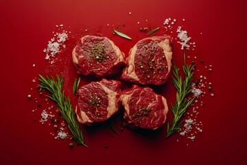 Wall Mural - Four raw beef steaks seasoned with rosemary, salt and peppercorns on red background