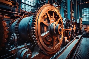 Poster - Large gear rotating and powering machinery in industrial factory