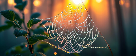  Intricate Spiderweb with Dew Drops Illuminated by Soft Sunrise 
