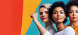 © vejaa - International Women's Day 2025: Accelerate Action. Three women of diverse ethnic backgrounds show hand gesture signifying achievement of gender equality and empowerment
